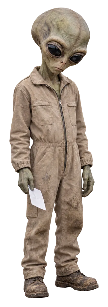 The alien standing in his dusty coverall and muddy boots, holding a parking ticket.