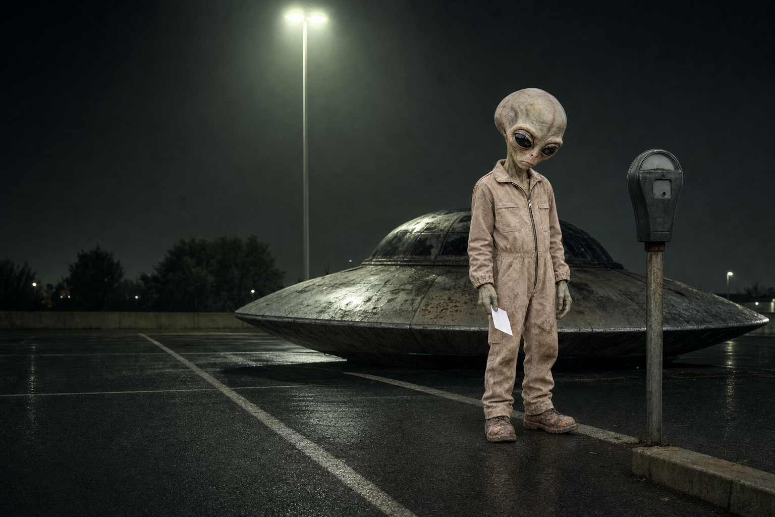 A grey alien in a muddy work coverall holds a parking ticket in a wet night car park, his saucer parked behind him beside a parking meter.